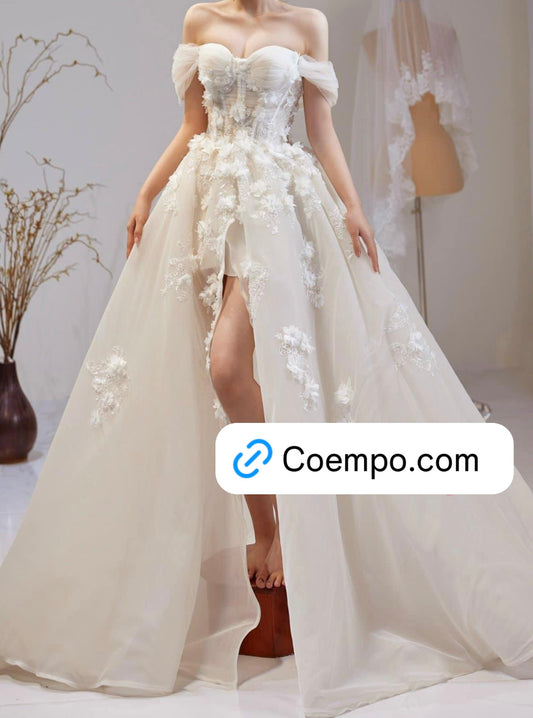 The Cosmopolitan Offshoulder Chiffon Floral Appliqués gown with Slit