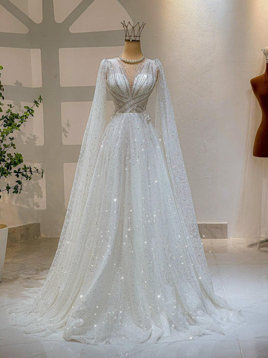 The Cosmopolitan Sparkling V Neck Wedding Dresses Women's A-Line Sexy Backless Long Sleeve Lace Sweep Train Sequined Bridal Gowns Vestidos Novia