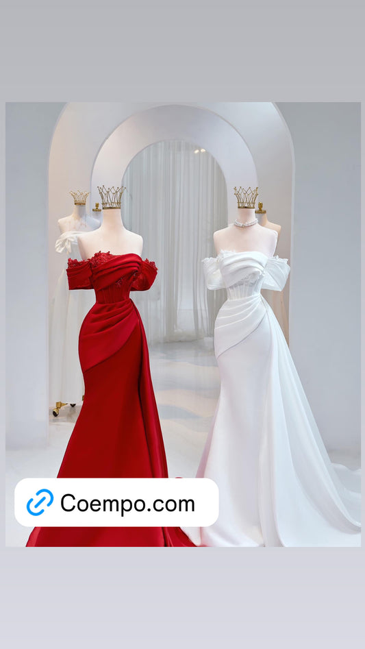 The Cosmopolitan Offshoulder Satin bridal dresses