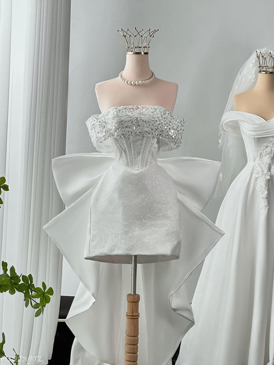 The Cosmopolitan Sparkling Off-Shoulder Mini Bridal Reception dress