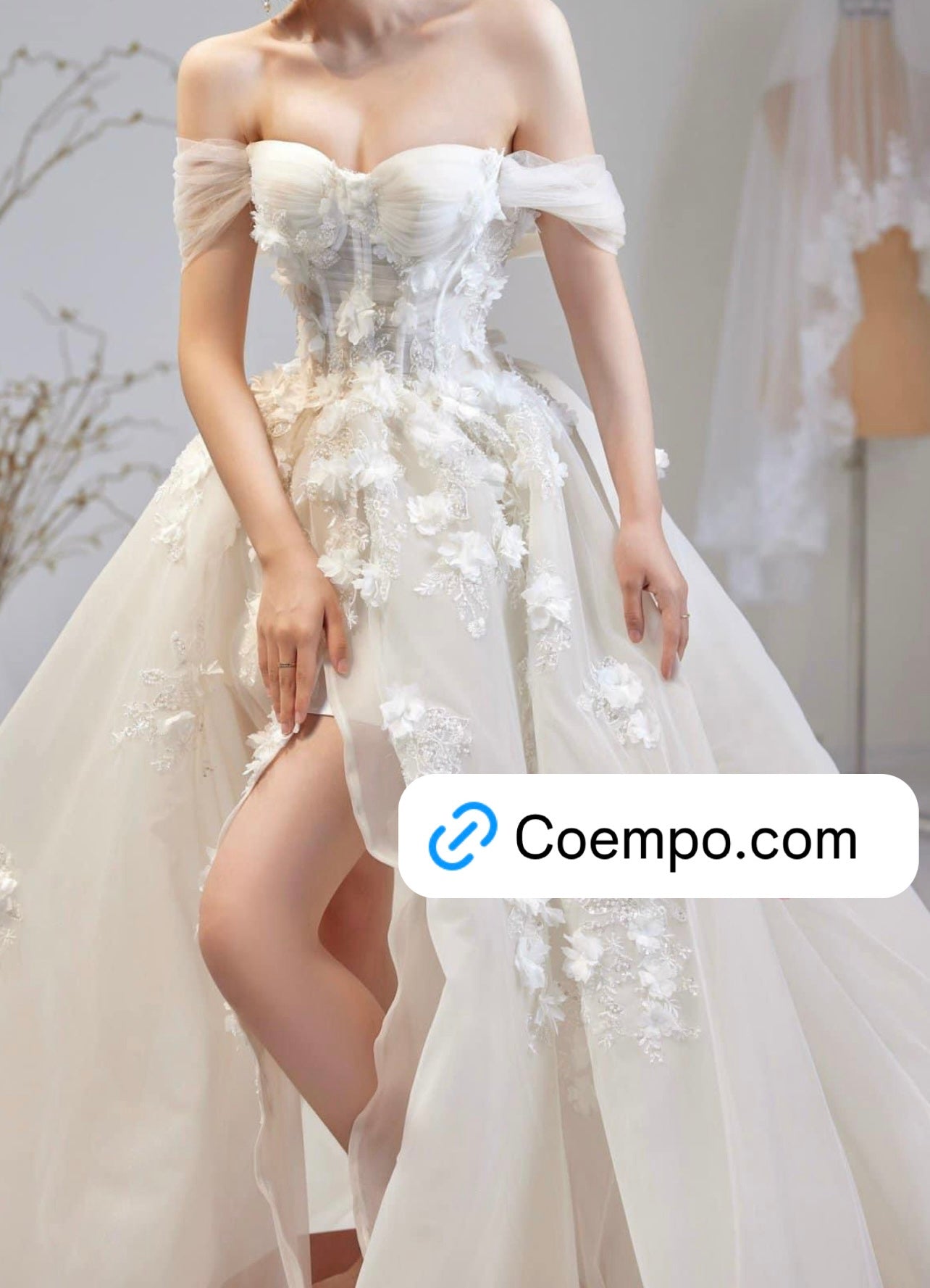 The Cosmopolitan Offshoulder Chiffon Floral Appliqués gown with Slit