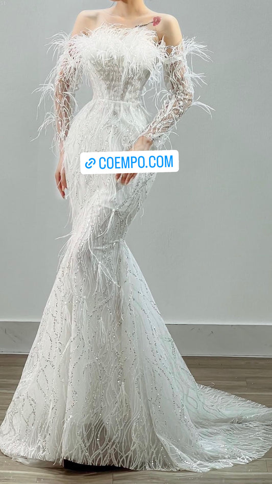 The Cosmopolitan Featherly Off Shoulder Long Sleeves Sequined Bridal dress With