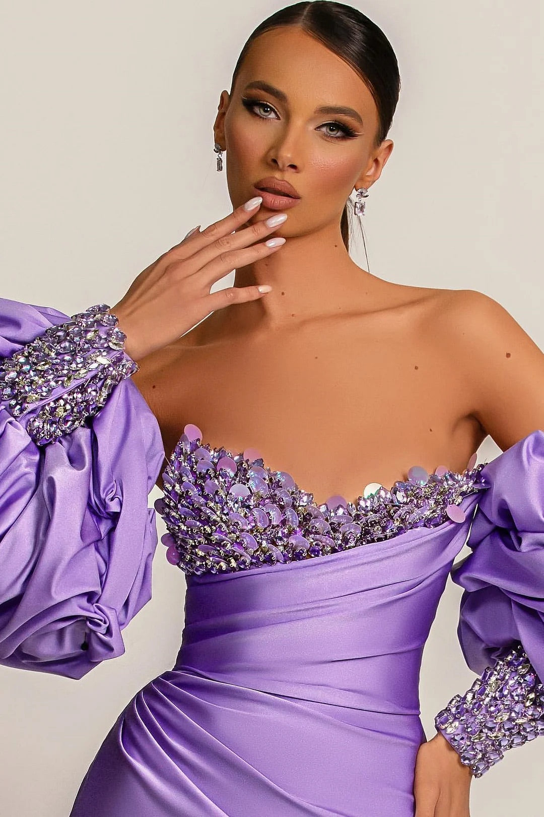 The Cosmopolitan Purple Mermaid Prom Dress With Appliques Puff Sleeves