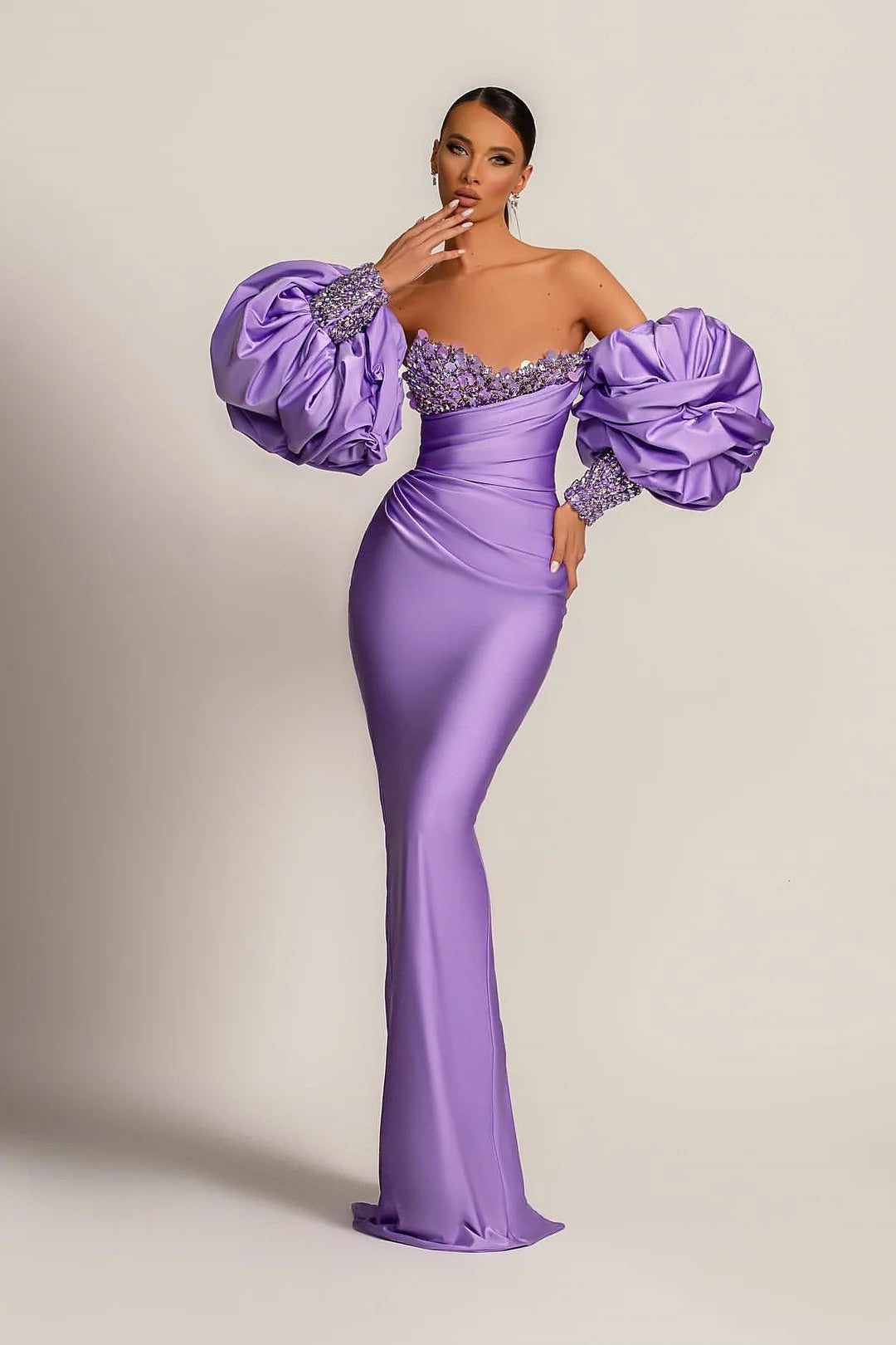 The Cosmopolitan Purple Mermaid Prom Dress With Appliques Puff Sleeves