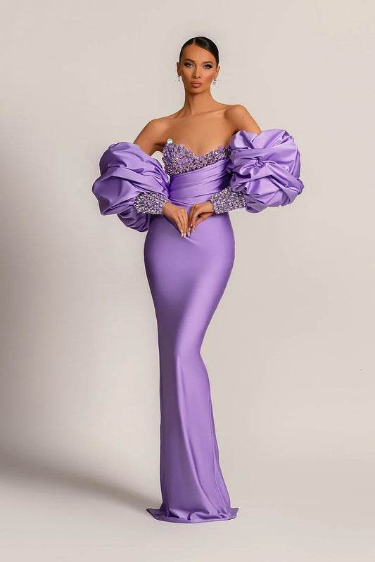 The Cosmopolitan Purple Mermaid Prom Dress With Appliques Puff Sleeves