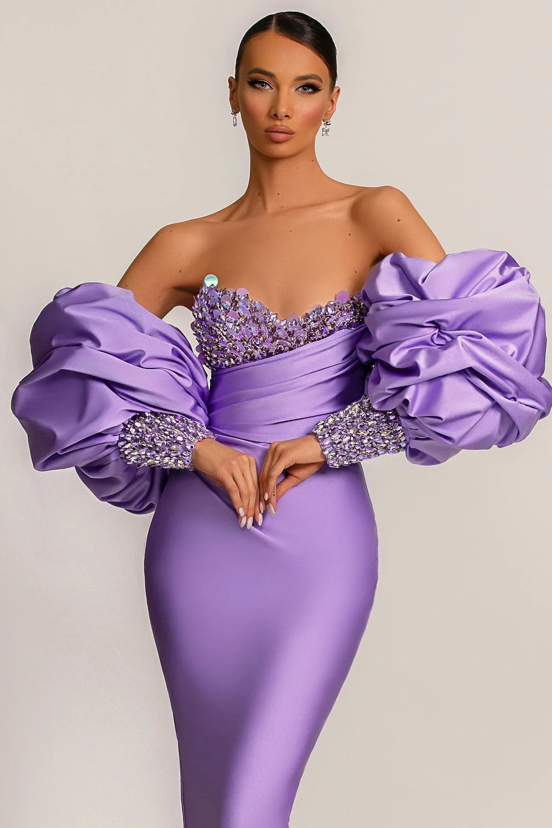 The Cosmopolitan Purple Mermaid Prom Dress With Appliques Puff Sleeves